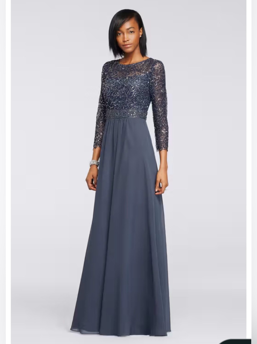 DECODE 18 Sequin Lace Long Chiffon Dress with 3/4 Sleeves in steel color NWT